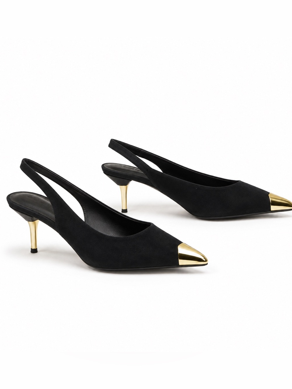 ASOS Black Suedette Gold Cap-Toe Slingback Kitten Heels